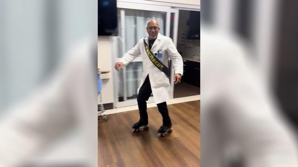 PHOTO: Dr. Phillip Masterson celebrated his retirement by rollerskating at the TotalCare Emergency Room office in Denton, Texas. (Courtesy of Nichole Masterson)