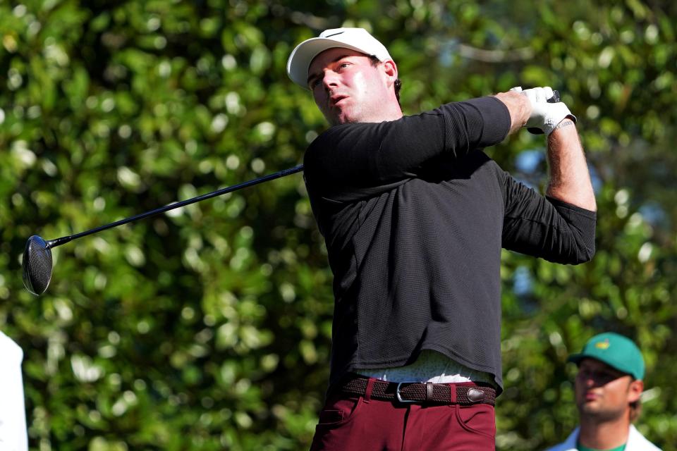 Apr 14, 2024; Augusta, Georgia, USA; Grayson Murray plays his shot from the fifth tee during the final round of the Masters Tournament. Mandatory Credit: Kyle Terada-USA TODAY Sports