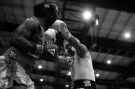 <p>Thomas Boatswain, left, gets pushed back by Keith Drummond during the “Bronx Tough Turkey Tussle” at the New York Expo Center in the Bronx, New York, on Nov. 16, 2017. (Photo: Gordon Donovan/Yahoo News) </p>