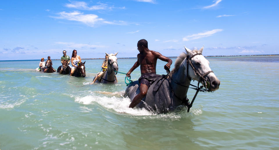 Pictured is a beach horse riding charter leading a group through the ocean in the Caribbean country of Jamaica.