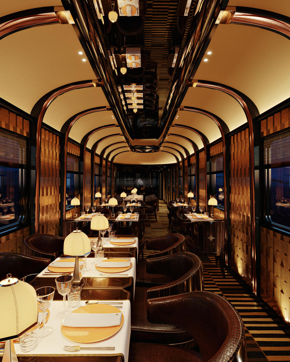 A rendering of a dining car on the Orient Express.