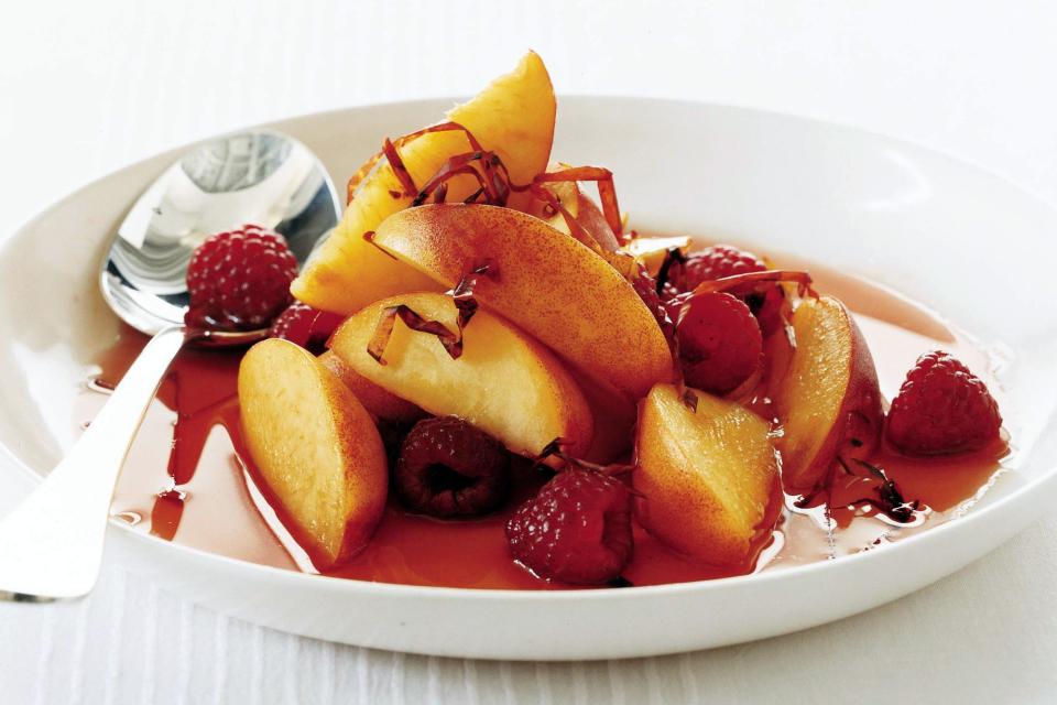 Peaches and Raspberries in Ancho Syrup with Chile Threads