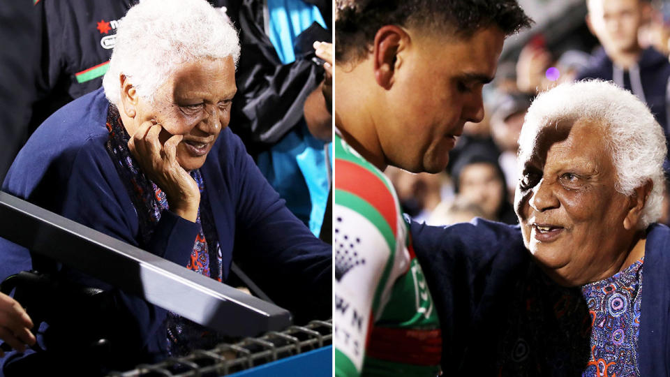 Latrell Mitchell, pictured here giving his boots to an elderly fan after accidentally hitting her with the ball.
