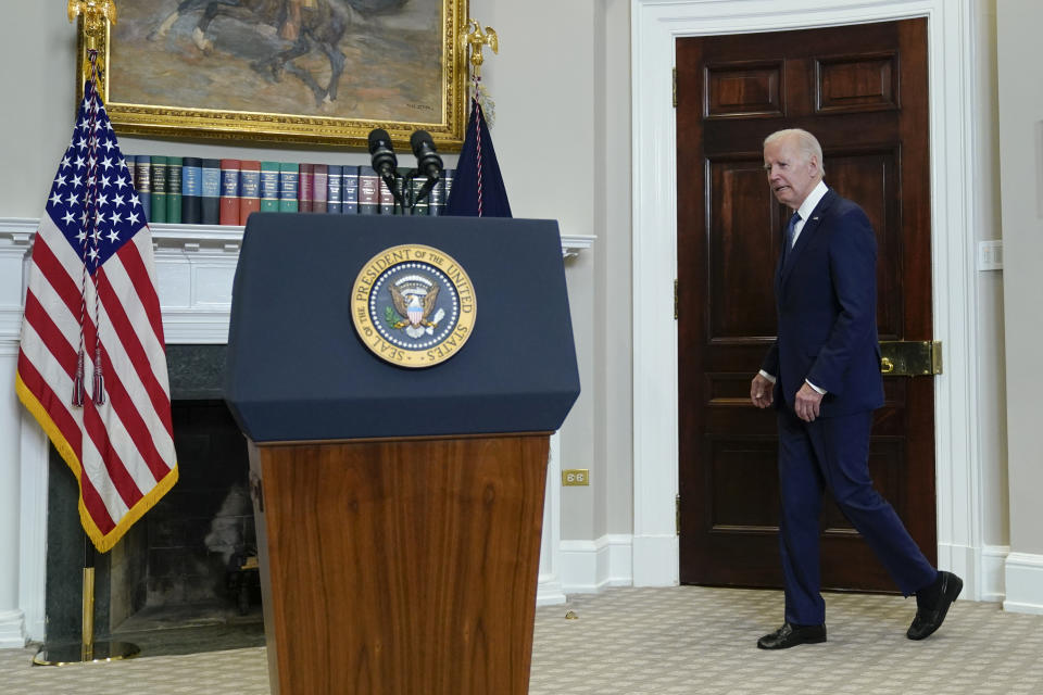 President Joe Biden arrives to speak in the Roosevelt Room of the White House, Sunday, May 28, 2023, in Washington. Biden and House Speaker Kevin McCarthy reached a final agreement Sunday on a deal to raise the nation's debt ceiling while trying to ensure enough Republican and Democratic votes to pass the measure in the coming week. (AP Photo/Manuel Balce Ceneta)