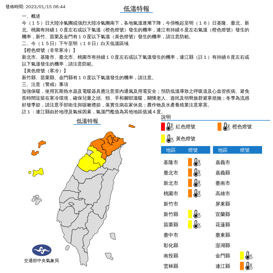 氣象局發8縣市低溫特報，北台灣可能下探10度，連江縣甚至可能出現6度低溫   圖片來源/中央氣象局