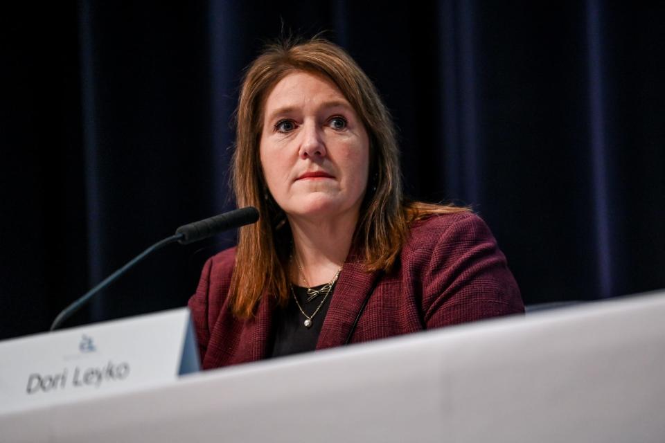 Superintendent Dori Leyko looks on during an East Lansing Board of Education special meeting on Monday, Jan. 30, 2023, at East Lansing High School. The meeting was held to discuss a school safety plan.