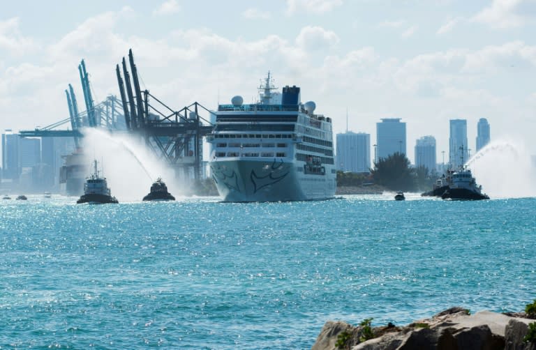 The Fathom cruise ship Adonia departs Miami Beach, Florida with fanfare and water cannons on her inaugural seven-day voyage to Cuba on May 1, 2016