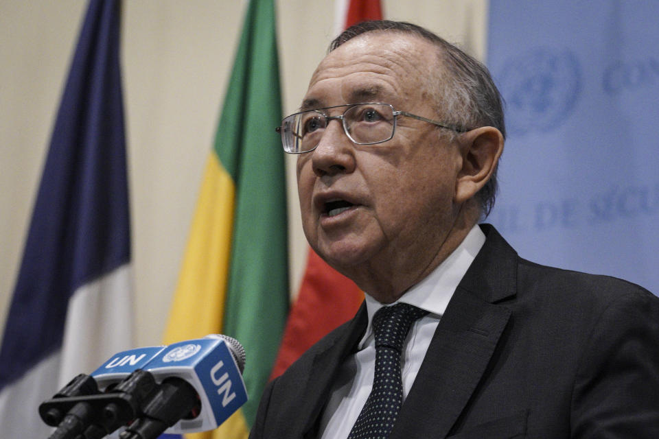 Ecuador's United Nations Ambassador Hernán Pérez Loose speaks during a flag installation ceremony for five newly-elected non-permanent members, including Ecuador, to serve on the United Nations Security Council for the term 2023-2024, at U.N. headquarters on Tuesday. Jan. 3, 2023. (AP Photo/Bebeto Matthews)