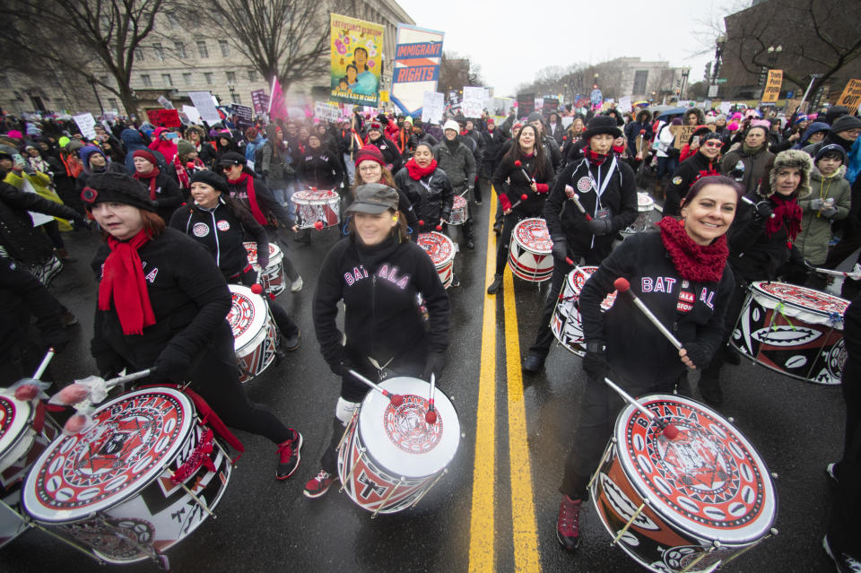 Participants of the Women's March play drums as they march around the White House, Saturday, Jan. 18, 2020, in Washington, three years after the first march in 2017, the day after President Donald Trump was sworn into office. (AP Photo/Manuel Balce Ceneta)