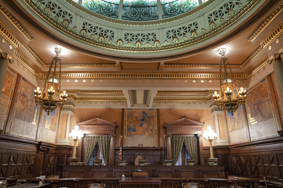 FILE - Shown is the Supreme Court of Pennsylvania chamber at the Capitol in Harrisburg, Pa., Tuesday, Feb. 21, 2023. Primary elections are scheduled for May 16, 2023 for Democratic and Republican voters to determine their parties nominees in the general election for offices including the state Supreme Court. (AP Photo/Matt Rourke, File)