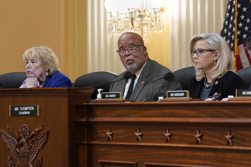 FILE - House Jan. 6 Select Committee Chairman Bennie Thompson, D-Miss., center, flanked by Rep. Zoe Lofgren, D-Calif., left, and Vice Chair Liz Cheney, R-Wyo., meet Dec. 1, 2021, at the Capitol in Washington. The House panel says it has “no choice” but to move forward with contempt charges against former Trump White House chief of staff Mark Meadows. (AP Photo/J. Scott Applewhite, File)