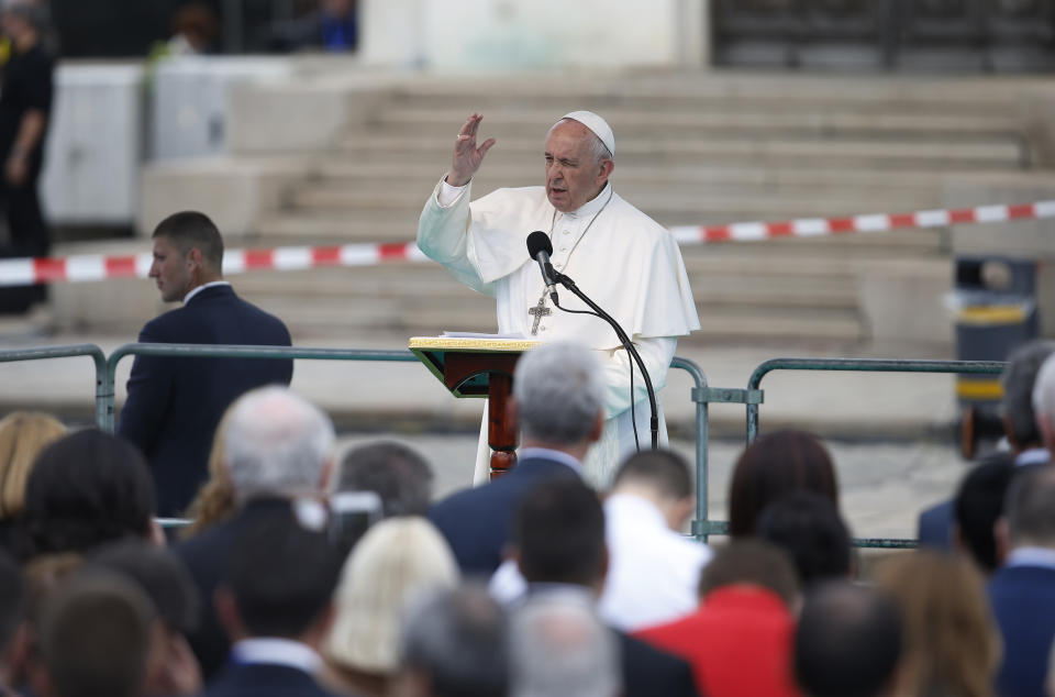 Pope Francis recites the Regina Coeli prayer in Saint Alexander Nevsky Square in Sofia, Bulgaria, Sunday, May 5, 2019. Pope Francis is visiting Bulgaria, the European Union's poorest country and one that taken a hard line against migrants, a stance that conflicts with the pontiff's view that reaching out to vulnerable people is a moral imperative. (AP Photo/Darko Vojinovic)