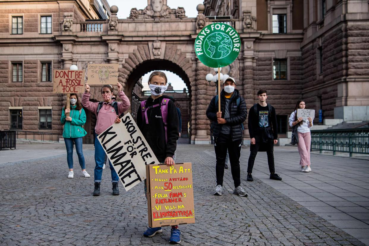 Swedish climate activist Greta Thunberg takes part in a Fridays For Future protest in front of the Swedish Parliament in Stockholm on September 25 (AFP via Getty Images)