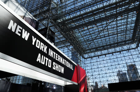 A sign for the auto show is pictured at the 2019 New York International Auto Show in New York City, New York, U.S, April 17, 2019. REUTERS/Shannon Stapleton