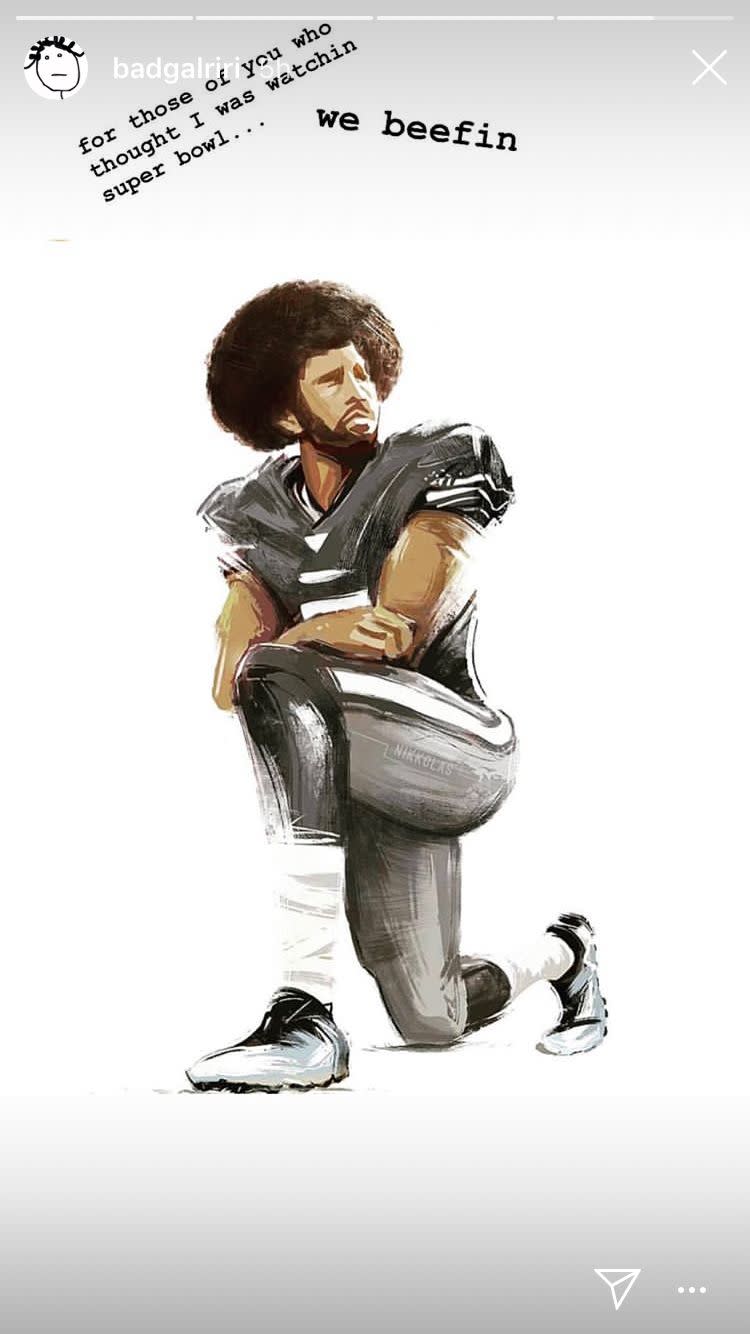 On game day, Rihanna posted this Nikkolas Smith portrait of Colin Kaepernick,&nbsp;who has faced major pushback from NFL owners over his protests during the national anthem. (Photo: )