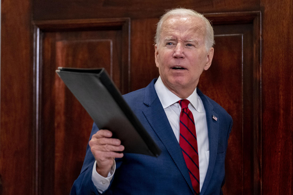 President Joe Biden answers a reporter's question as he leaves after speaking about the DISCLOSE Act in the Roosevelt Room of the White House in Washington, Tuesday, Sept. 20, 2022. (AP Photo/Andrew Harnik)