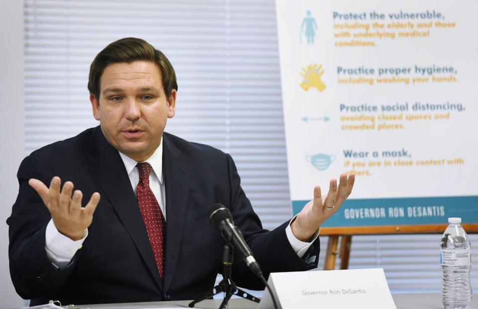 File photo of Florida Gov. Ron DeSantis during a roundtable discussion in Jacksonville on Aug. 4, 2020, when DeSantis returned to a familiar theme: protecting the state’s most vulnerable from the coronavirus.