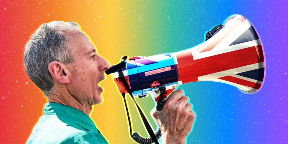 Peter Tatchell holding megaphone lede 2x1