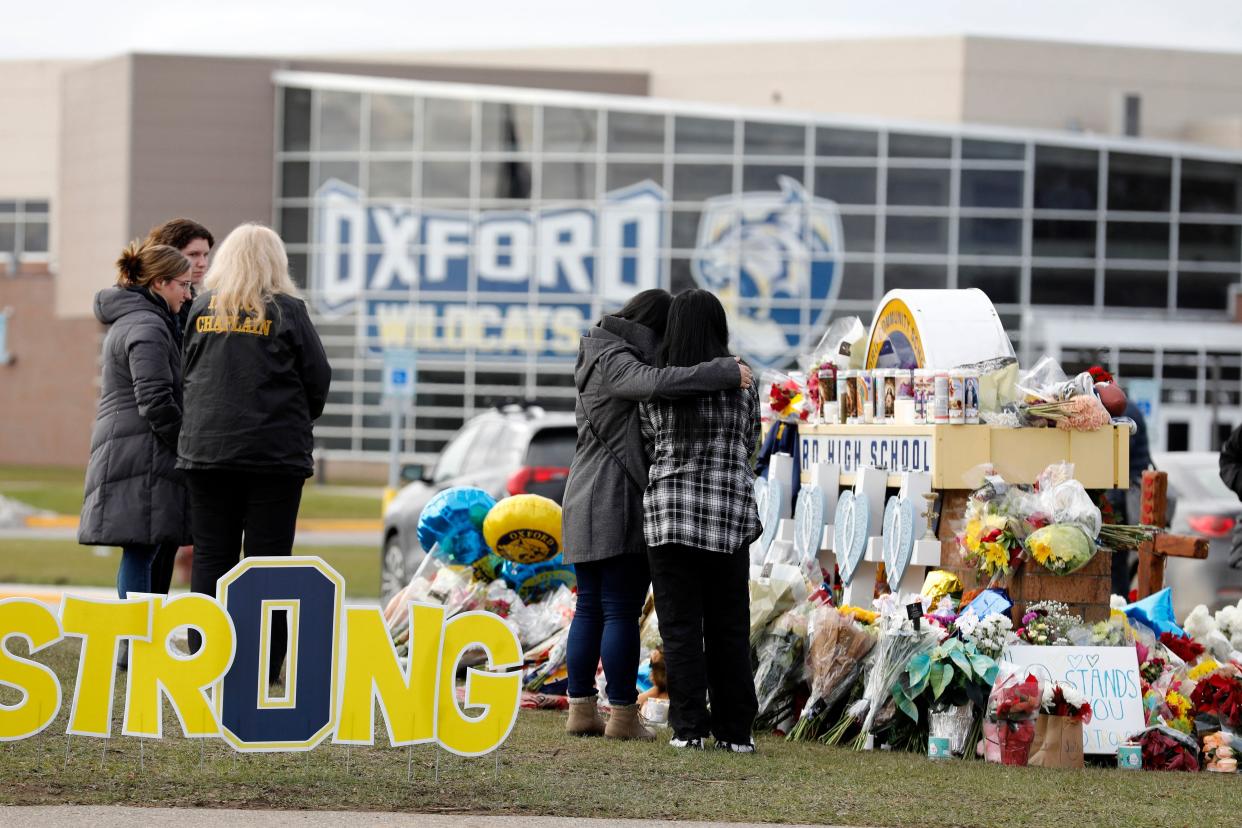A memorial for the dead and wounded outside of Oxford High School in Oxford, Michigan, on Dec. 3, 2021.