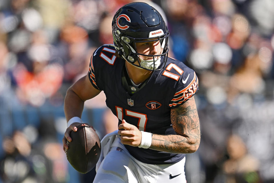 CHICAGO, ILLINOIS - OCTOBER 22: Tyson Bagent #17 of the Chicago Bears runs with the ball during the second quarter against the Las Vegas Raiders at Soldier Field on October 22, 2023 in Chicago, Illinois. (Photo by Quinn Harris/Getty Images)