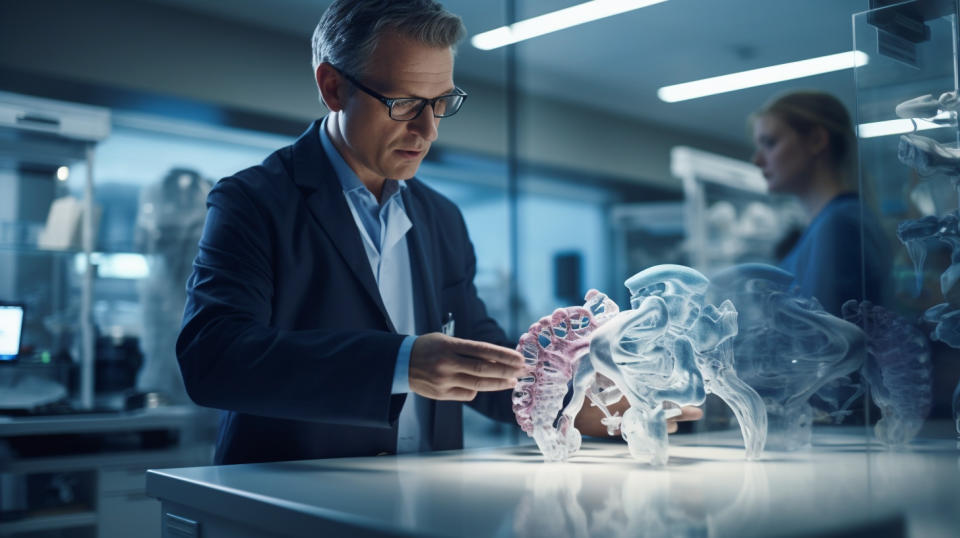 A medical practitioner examining a 3D-printed model of a patient's anatomy, made possible with Materialise Manufacturing services.