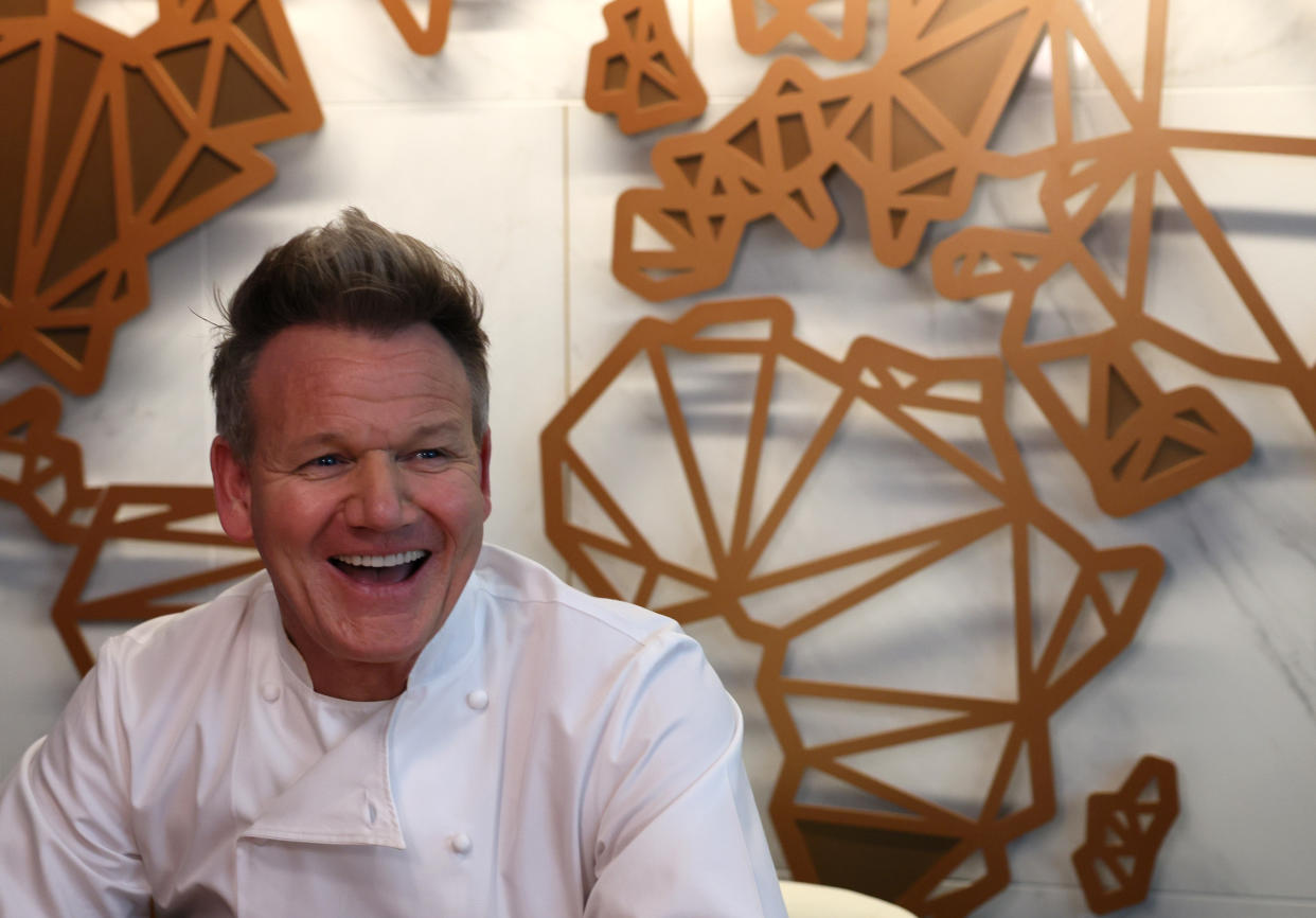 Boston - February 7: Gordon Ramsay laughs during an interview with the Boston Globe in Boston on Feb. 7, 2022. Ramsay recently opened Ramsay's Kitchen at the Mandarin Oriental. (Photo by Jessica Rinaldi/The Boston Globe via Getty Images)