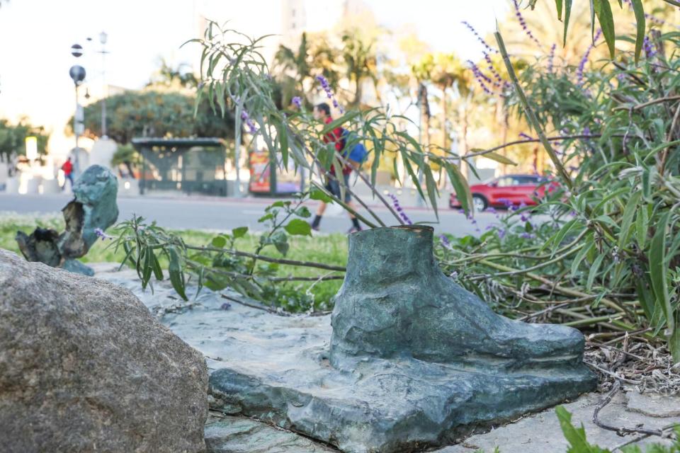 The now defaced statue of General Harrison Gray Otis, with a part of the statue now sawed