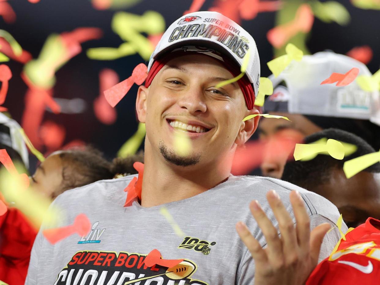 Patrick Mahomes of the Kansas City Chiefs celebrates after defeating San Francisco 49ers 31-20 in Super Bowl LIV: (2020 Getty Images)