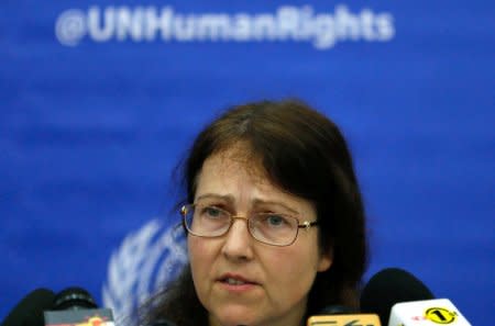 Leigh Toomey, member of the United Nations Working Group on Arbitrary Detention, speaks at the end of the mission news conference in Colombo, Sri Lanka December 15, 2017. REUTERS/Dinuka Liyanawatte