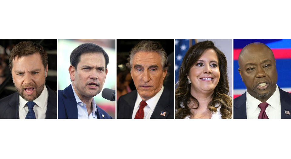 This combination photo shows Sen. J.D. Vance, R-Ohio, in Atlanta, June 27, 2024, from left, Sen. Marco Rubio, R-Fla., in Miami, Nov. 6, 2022, North Dakota Gov. Doug Burgum, June 27, 2024, in Atlanta, Rep. Elise Stefanik, R-N.Y., June 13, 2024, and Sen. Tim Scott, R-S.C., Nov. 8, 2023, in Miami. It's not unheard of for a running mate to move beyond past disagreements with a presidential candidate. But the shift is more striking for Donald Trump's potential vice presidential contenders, in some cases requiring them to abandon long-held policy positions and recant vehement criticism. (AP Photo)