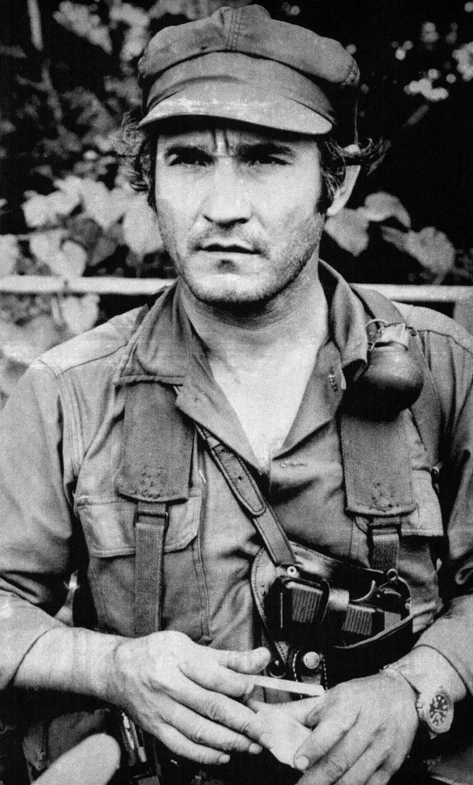 FILE - In this July 17, 1979 file photo, Eden Pastora, better known as "Comandante Zero" speaks to reporters after learning of President Somoza's resignation and flight out of Nicaragua. Pastora, one of the most mercurial, charismatic figures of Central America’s revolutionary upheavals, has died. His son Alvaro Pastora said Tuesday, June 16, 2020, that he died at Managua’s Military Hospital of respiratory failure. (AP Photo/Laverne Coleman, File)