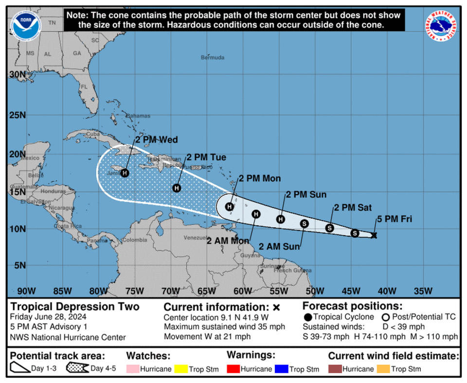Tropical depression 2 is set to strengthen into a tropical storm later Friday night and a Category 1 hurricane by the time it reaches the Windward Islands late Sunday.