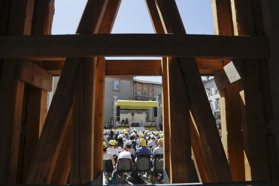 Pope Francis celebrates mass in Camerino, Italy, Sunday, June 16, 2019. The town of Camerino was heavily damaged by the 2016 earthquake that hit the central Italian Marche region. (AP Photo/Gregorio Borgia)