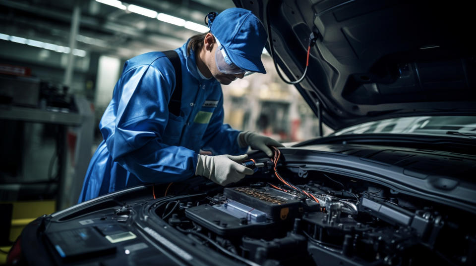 A technician wearing a safety suit and goggles working on a battery pack for an electric vehicle.