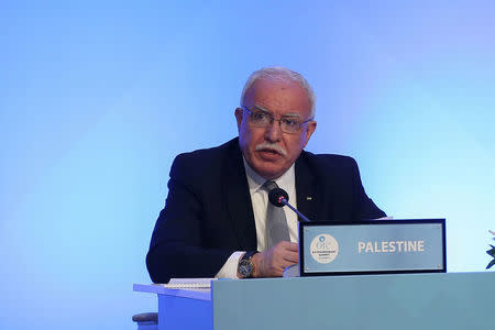 Palestinian Foreign Minister Riyad al-Maliki speaks during a meeting of the OIC Foreign Ministers Council in Istanbul, Turkey May 18, 2018. Hudaverdi Arif Yaman/Pool via Reuters