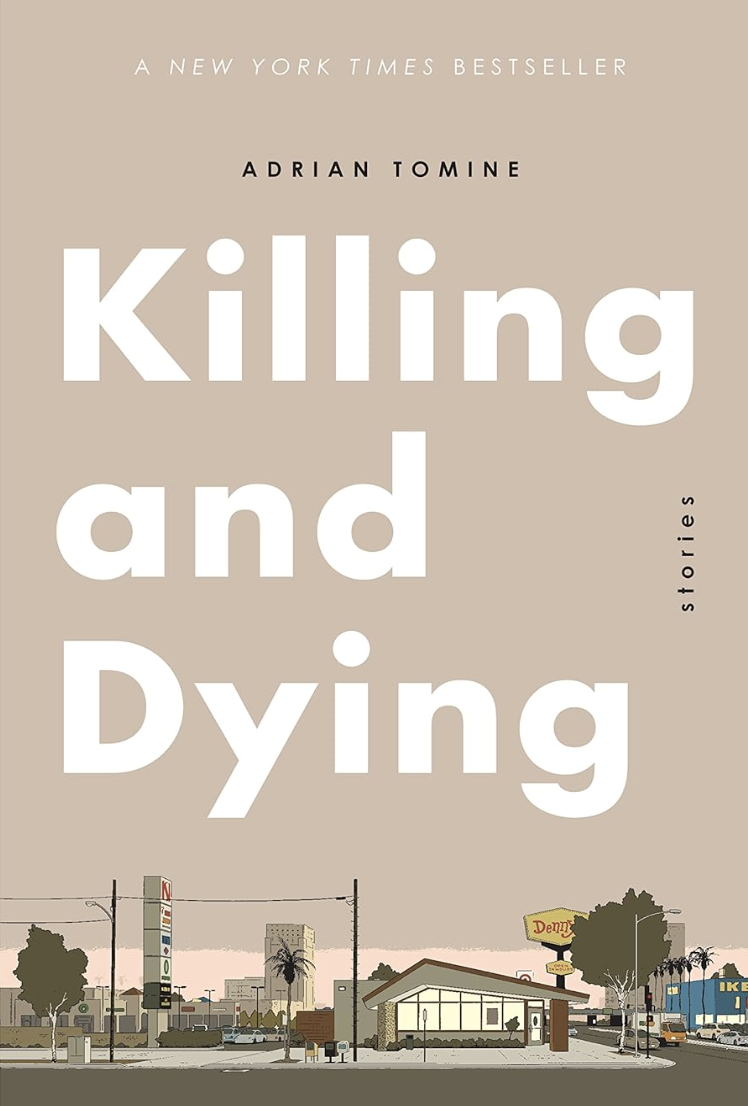 Book cover of "Killing and Dying" by Adrian Tomine. The cover features a minimalist illustration of a suburban street with houses and utility poles