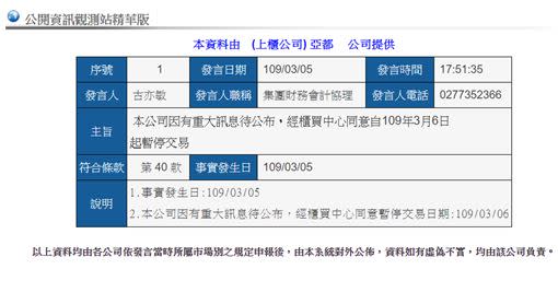 亞都麗緻將發布重大訊息（圖／翻攝自公開資訊觀測站）