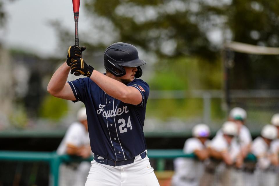 Fowler's Evan Curtiss bats against DeWitt during the first inning on Monday, May 22, 2023, at Kircher Municipal Park in Lansing.