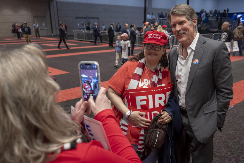 Madison, Wis., businessman and Republican U.S. Senate candidate, Eric Hovde poses for a photo, Tuesday April 2, 2024, at a former President Donald Trump rally in Green Bay, Wis. The Wisconsin Senate race between Democratic Sen. Tammy Baldwin and Republican Eric Hovde is setting up as one of the most competitive and expensive Senate races in the country. (AP Photo/Mike Roemer)