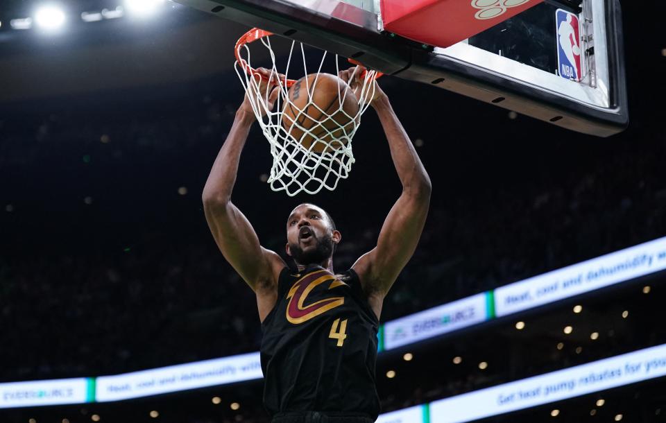 Cavaliers forward Evan Mobley dunks on the Celtics in the first quarter during Game 2 of the Eastern Conference semifinals, May 9, 2024, in Boston.