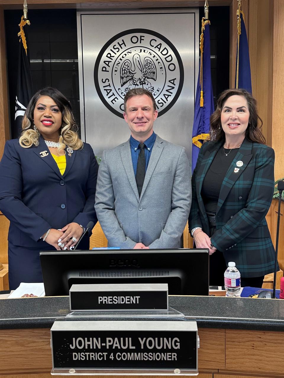 New Vice-President, Stormy Gage-Watts; President, John-Paul Young and Parliamentarian, Grace Anne Blake for the 2024 Caddo Parish Commission, Jan. 8, 2024.
