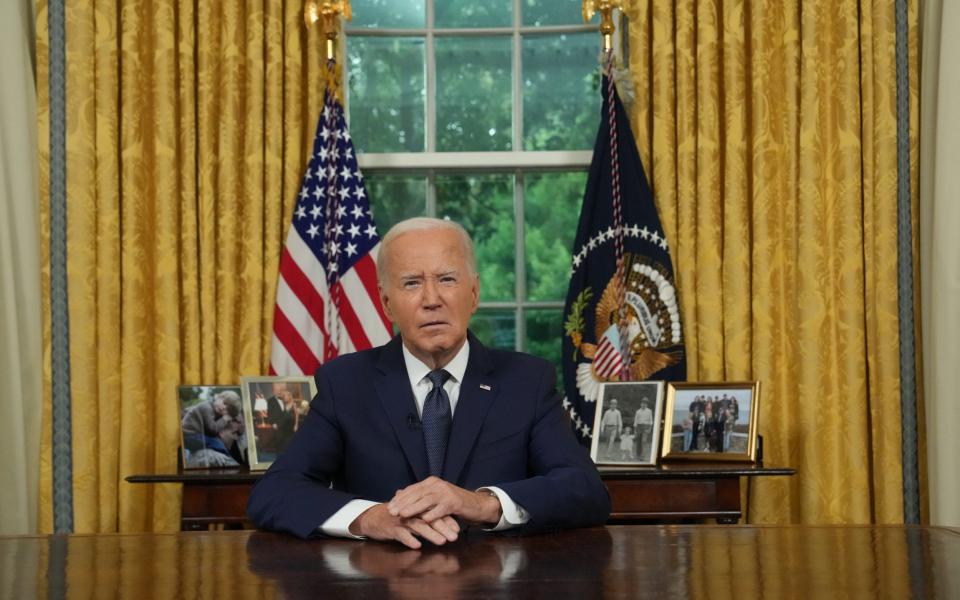 Joe Biden delivers a nationally televised address from the Oval Office of the White House on July 14, 2024