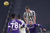 Juventus' Matthijs de Ligt in action during the Serie A soccer match between Juventus and Fiorentina, at the Allianz Stadium in Turin, Italy, Tuesday, Dec. 22, 2020. (Fabio Ferrari/LaPresse via AP)