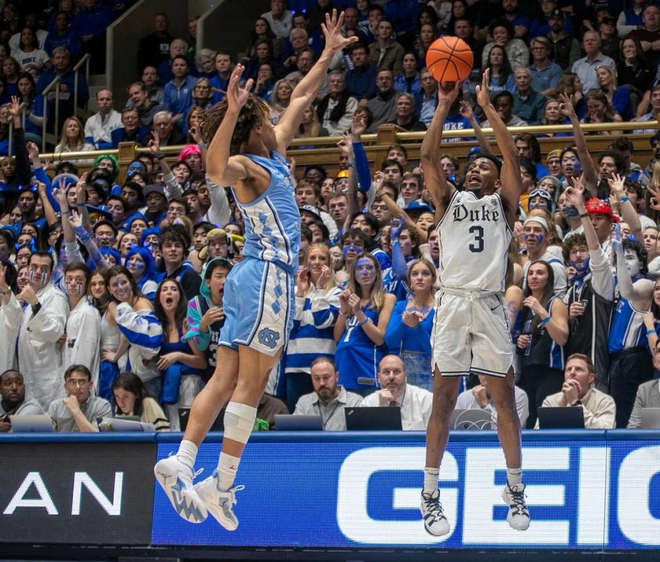 Duke’s Jeremy Roach (3) puts up a shot against North Carolina’s Seth Trimble (0) during the first half on Saturday, February 4, 2023 at Cameron Indoor Stadium in Durham, N.C.