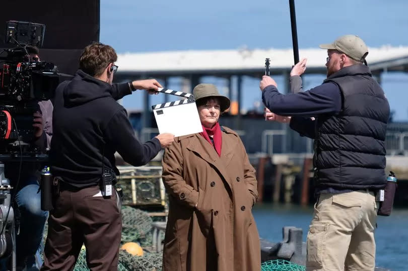 ITV production crew filming Vera lead actress Brenda Blethyn and co-star David Leon on location by the River Tyne at North Shields Fish Quay