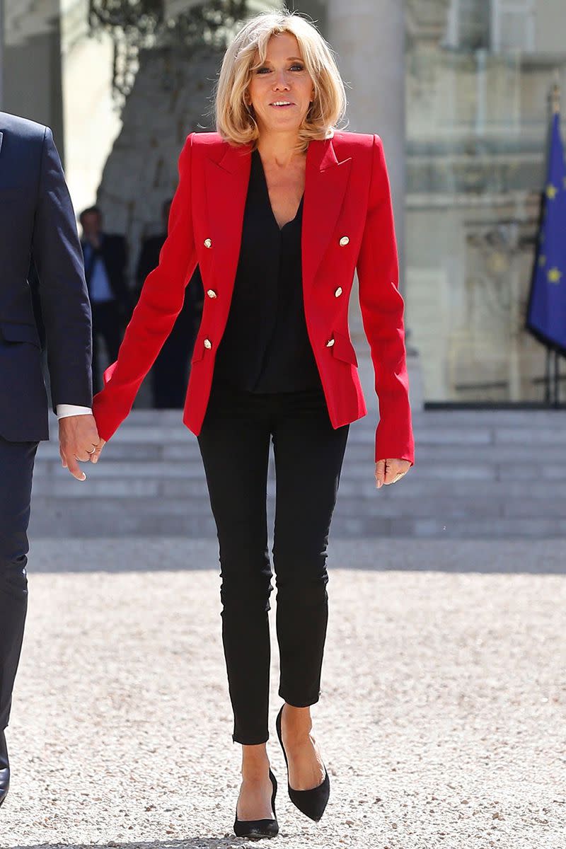 <p>Wearing an Alexandre Vauthier red blazer, black blouse, with matching skinny jeans and shoes, while out in Paris. </p>