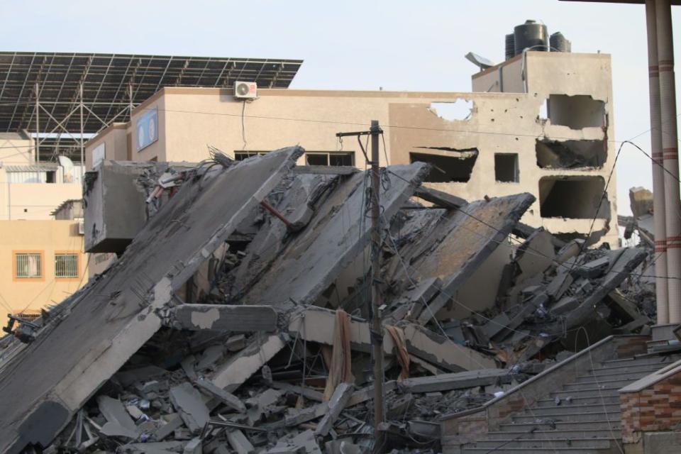A general view of damage caused by Israeli air strikes on October 7, 2023 in Gaza City, Gaza. The Palestinian militant group Hamas launched a missile attack on Israel today, with fighters simultaneously crossing the border from Gaza. Israel has declared a state of war. 