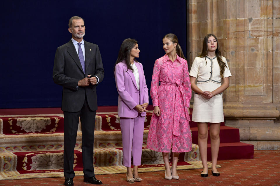 The Spanish Royal family pose during a ceremony for the Princess of Asturias awards, in Oviedo, northern Spain, Friday, Oct.20, 2023. (AP Photo/Alvaro Barrientos)