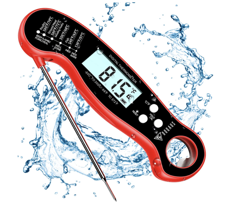 DOQAUS Digital Meat Thermometer in red with black face and numbers on screen (Photo via Amazon)