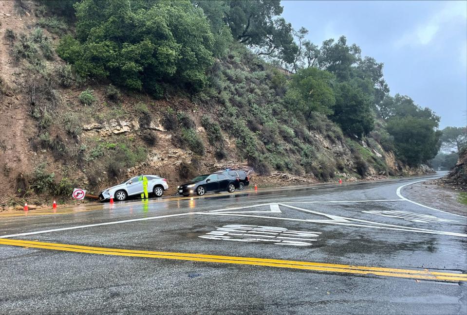 A vehicle crashed into the hillside along southbound Highway 33 at Creek Road on Thursday morning. Several rocks were knocked down into the roadway, but no injuries were reported.